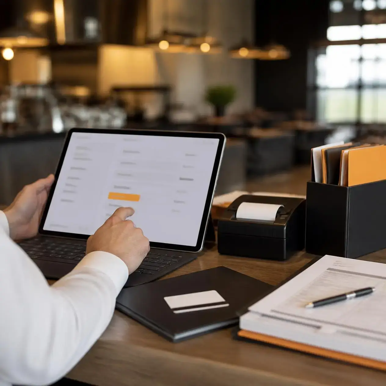 Administrator configuring POS devices and peripherals on a tablet