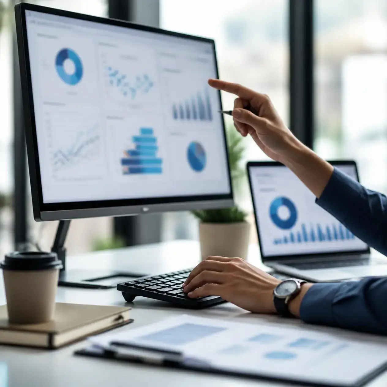 Restaurant owner reviewing business intelligence reports
