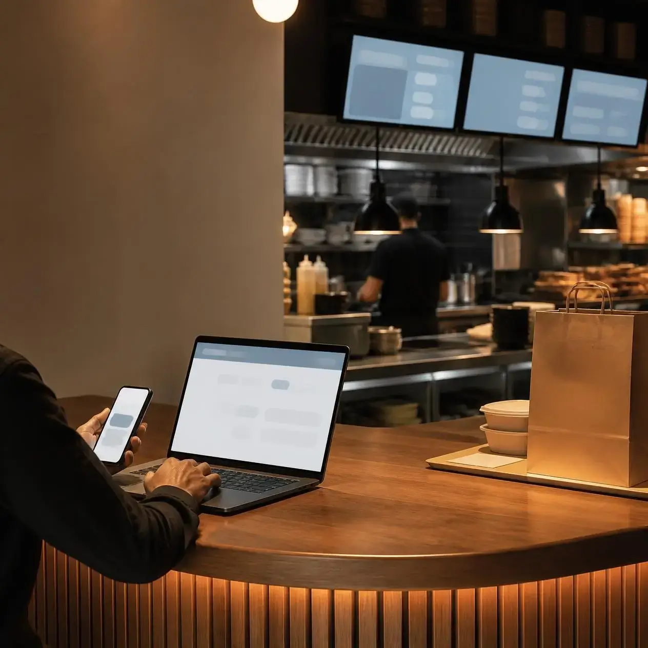 Restaurant owner setting up their branded website on a laptop